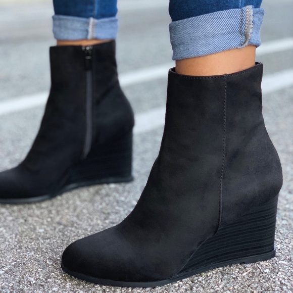 Shoes - Black Faux Suede Wedge Bootie